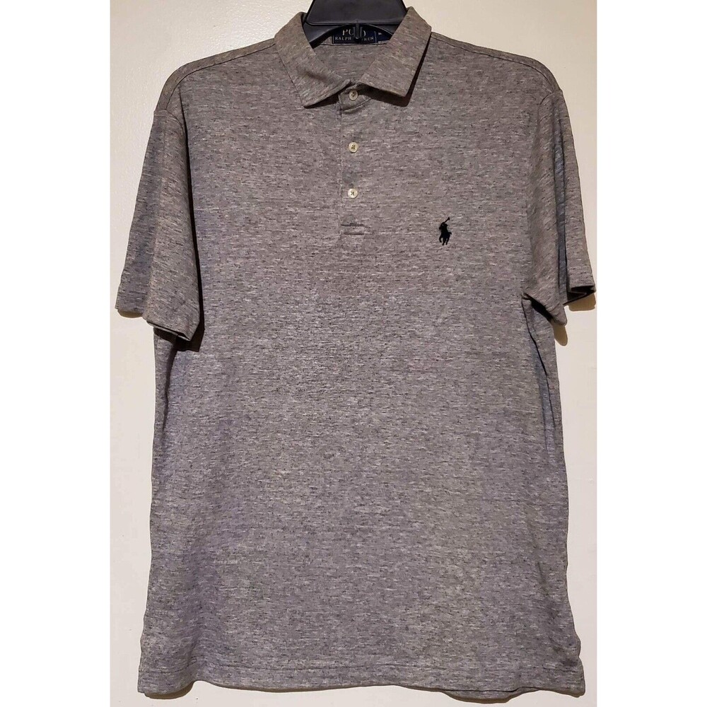 Mens RALPH LAUREN Medium Short Sleeve Gray w/ Black Pony Polo Shirt, 100% Cotton